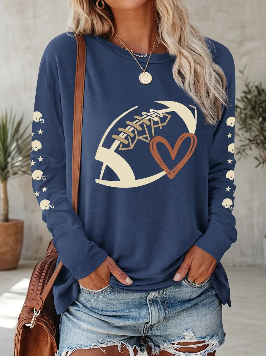 Women's Bold Gridiron Heart Helmet Ball Crewneck Long Sleeve T-Shirt