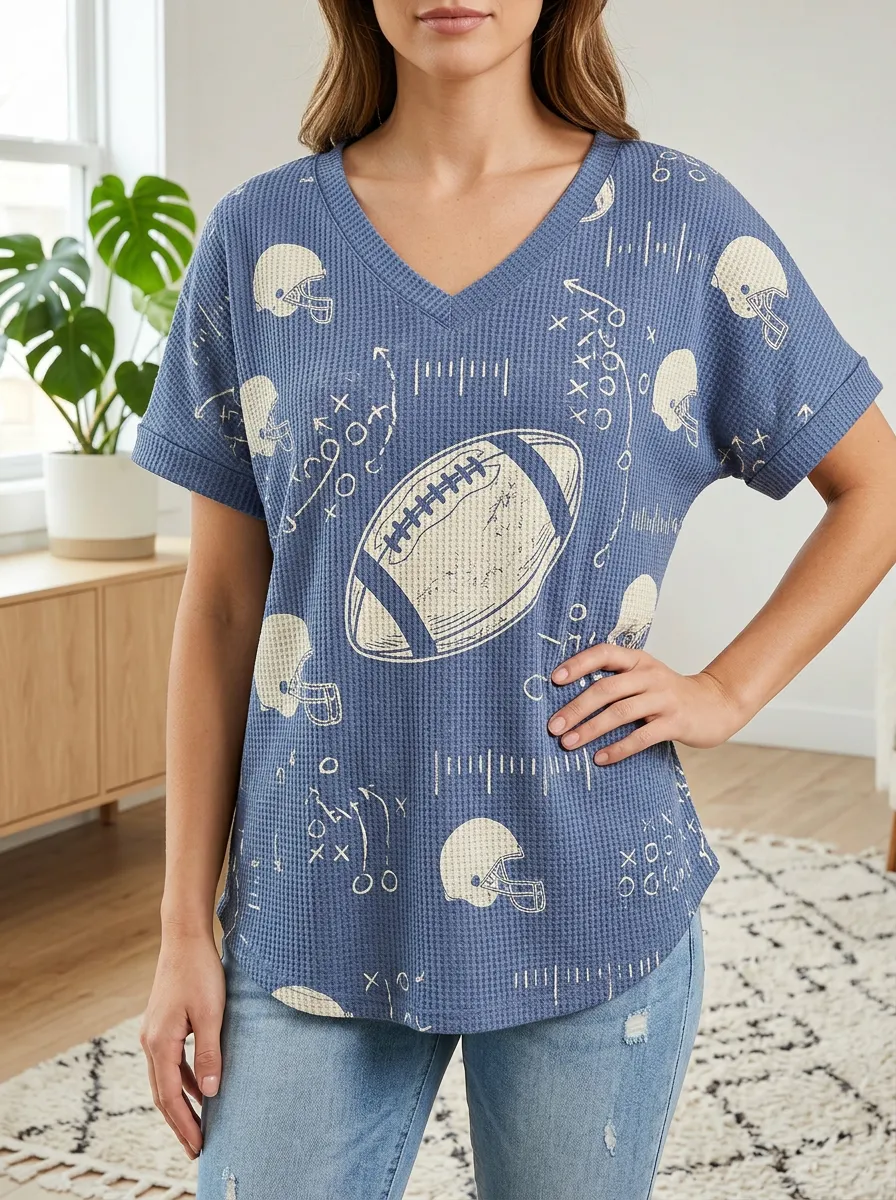 Women's Retro Football Fan Helmet Playbook Printed Waffle Knit Top