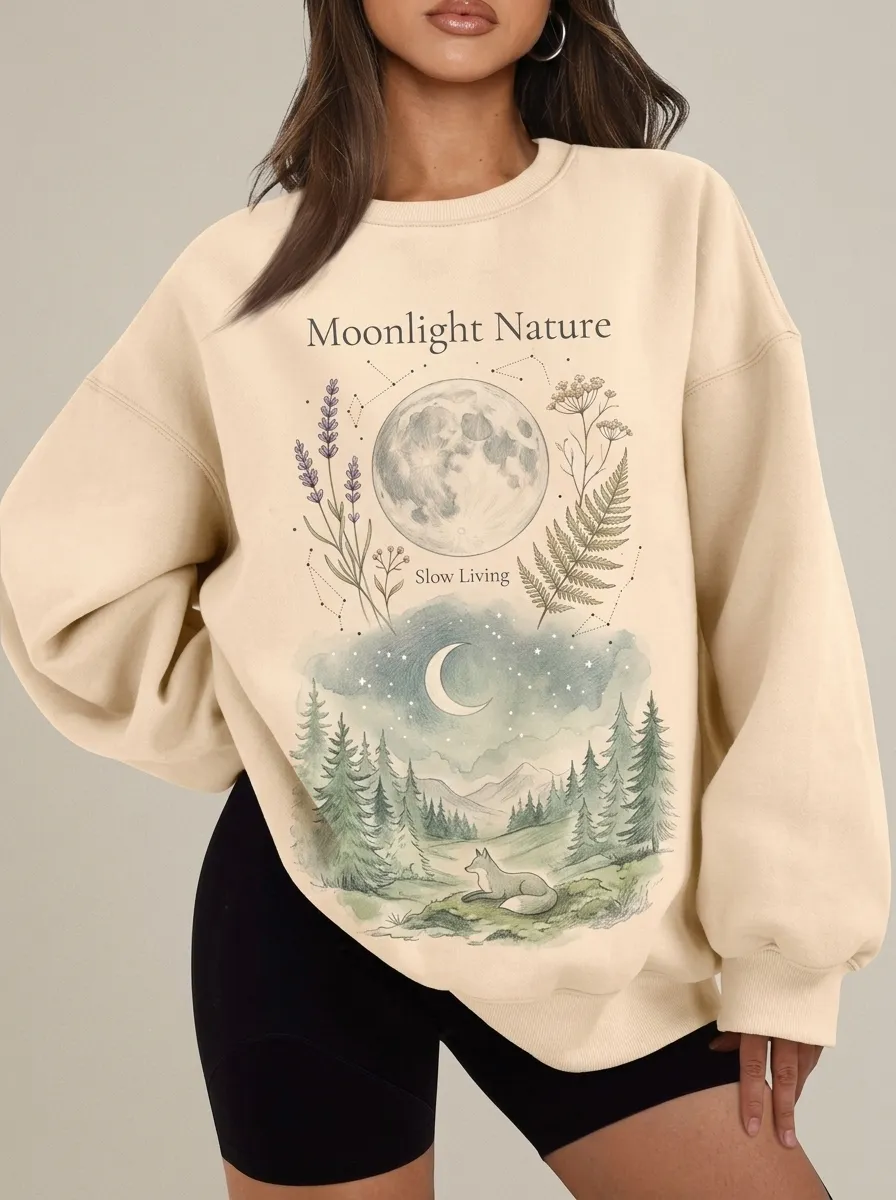 Women's Moonlight Nature Forest Fox Printed Sweatshirt