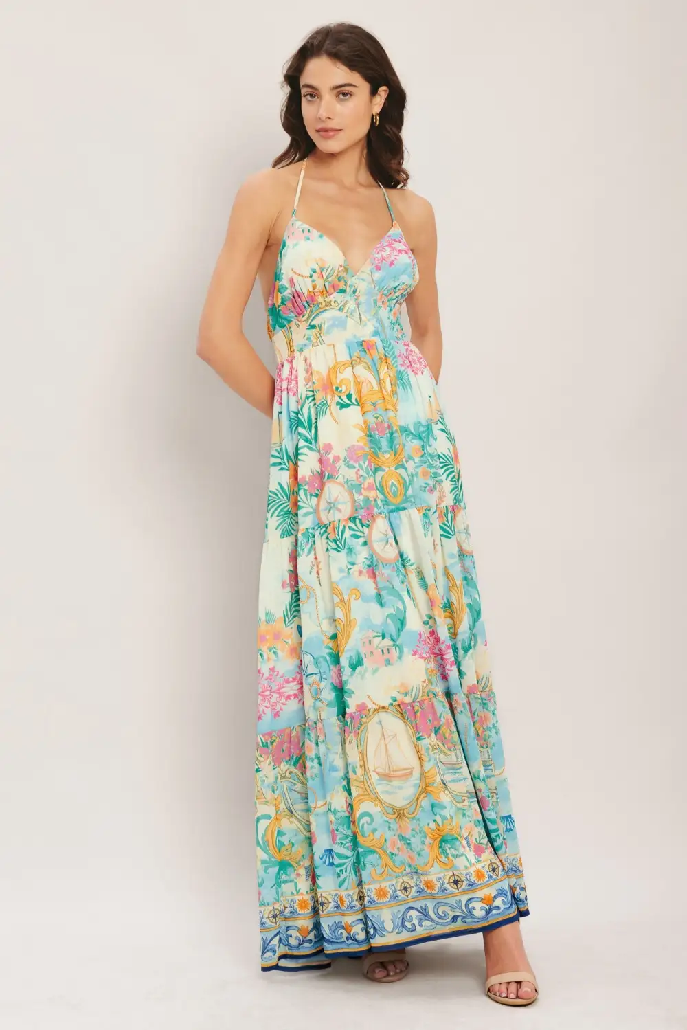 Smocked Halter Printed Maxi Dress