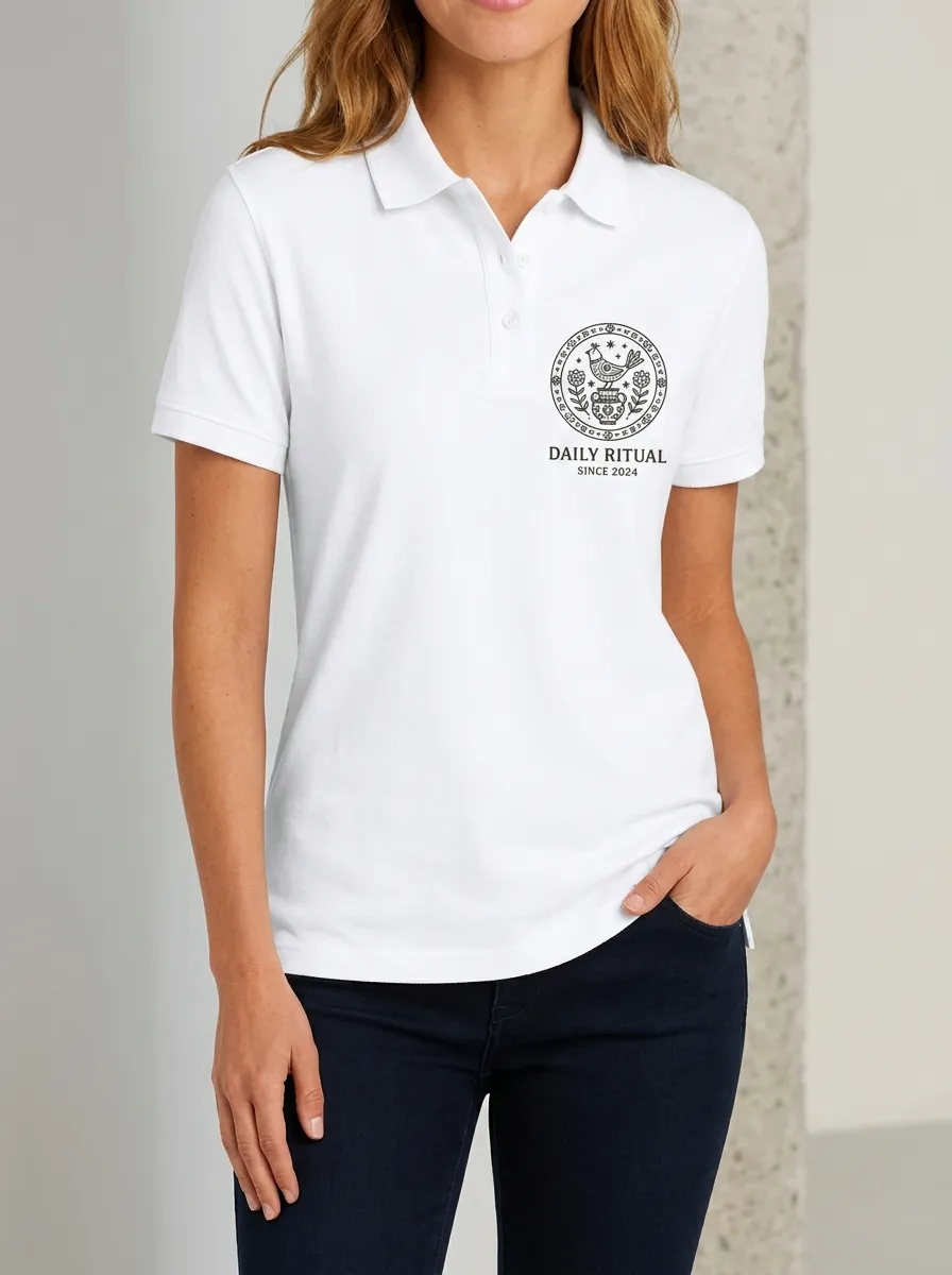 Women's Daily Ritual Bird Floral Emblem Printed Polo Shirt