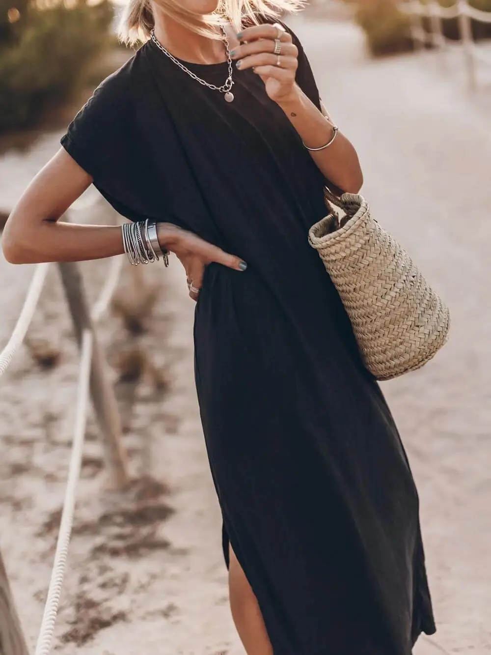 Effortless Open Sleeve Slit Oversized Shirt Midi Dress