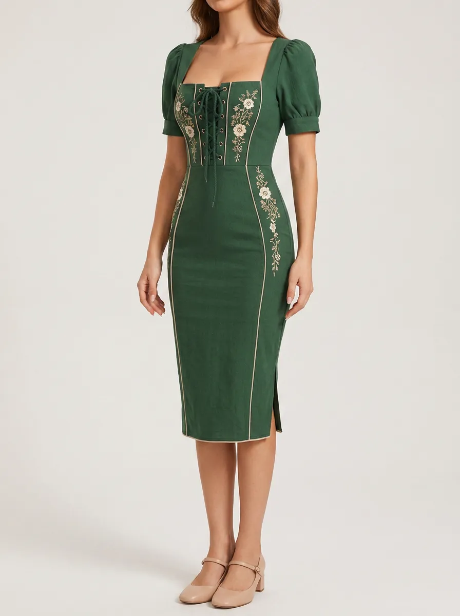 Women's Embroidered Floral Folk Bodycon Dress