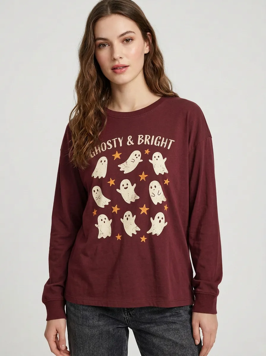 Women's Halloween Ghosty & Bright Stars Printed Long Sleeve T-shirt