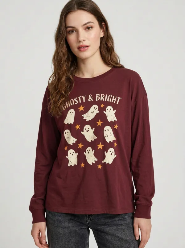 Women's Halloween Ghosty & Bright Stars Printed Long Sleeve T-shirt