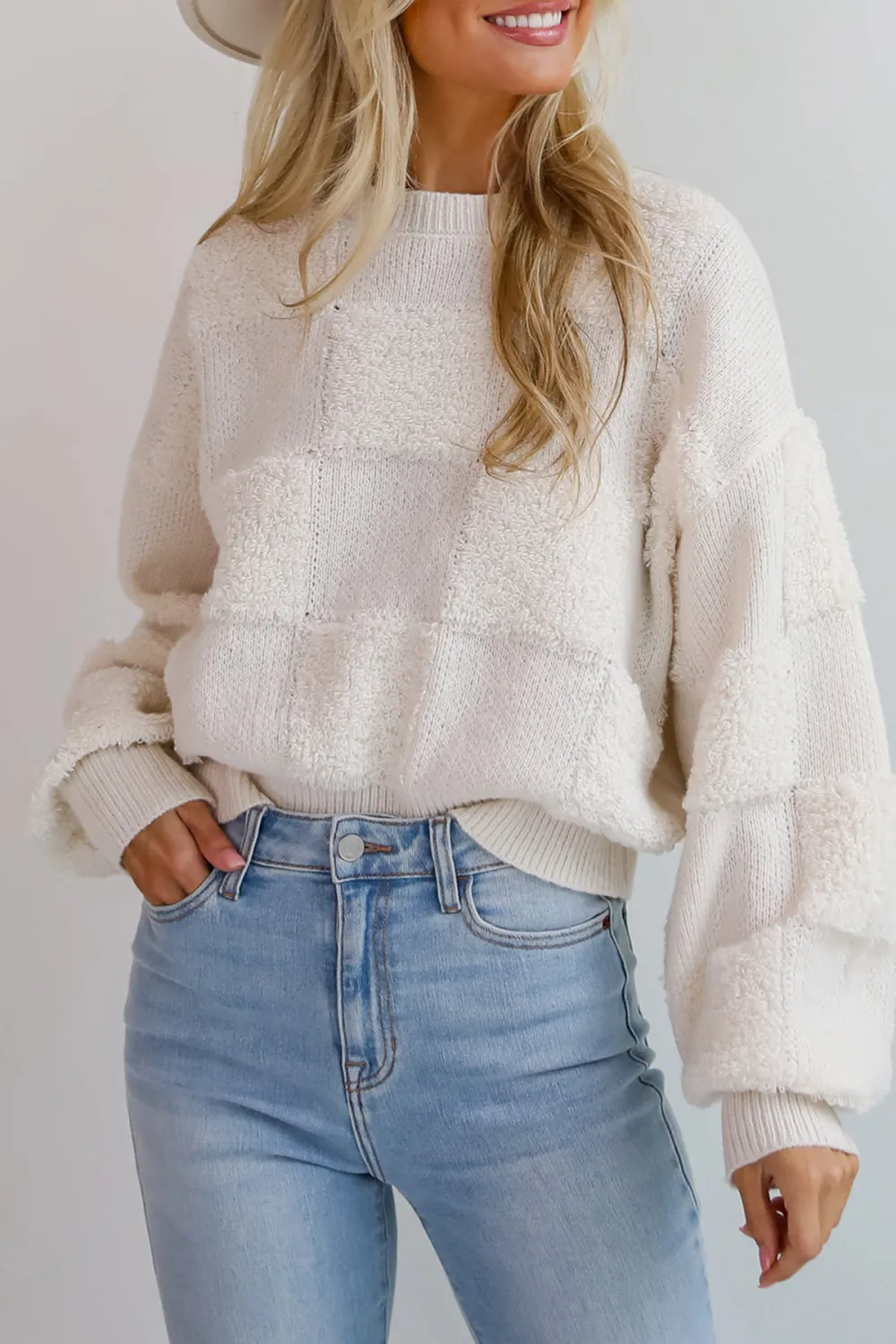 Cream Checkered Fuzzy Knit Sweater