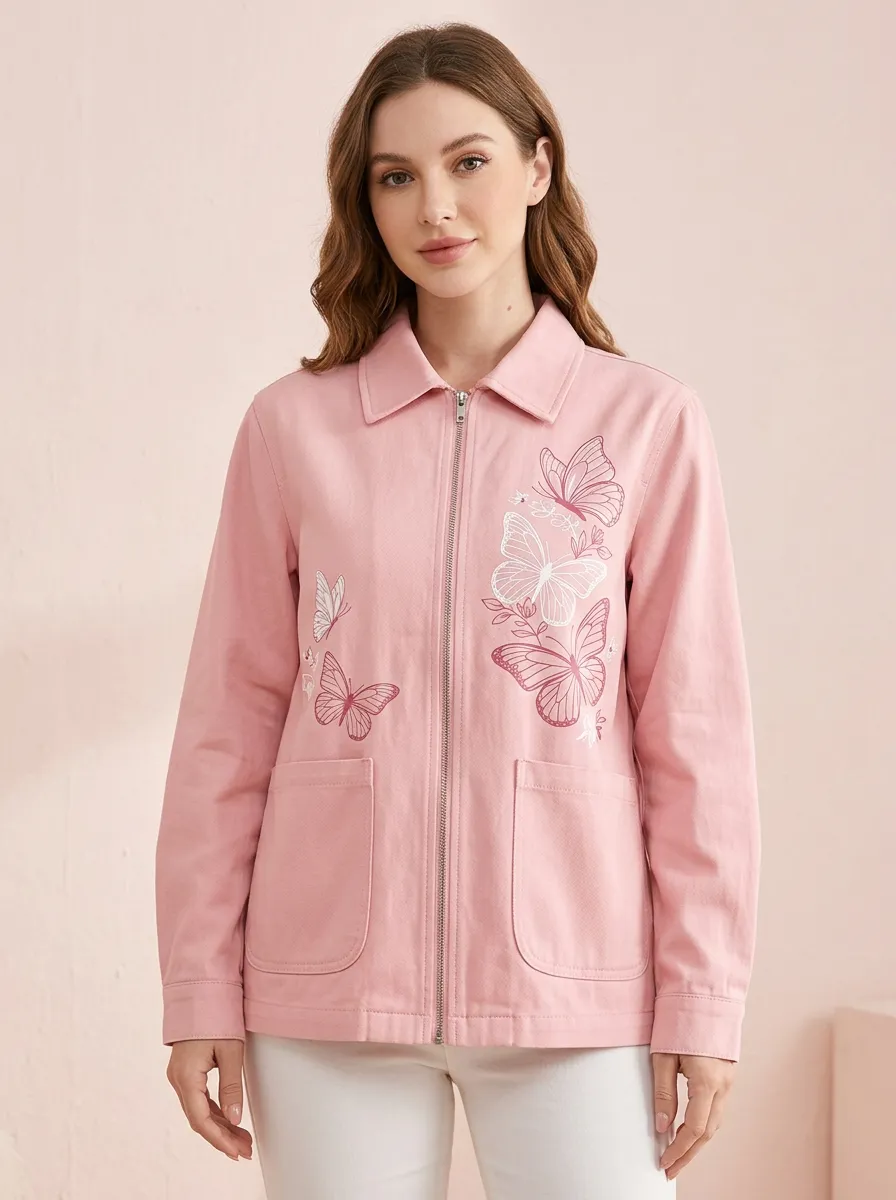Women's Pink Multi-Tone Butterfly Point-Collar Zip-Up Jacket