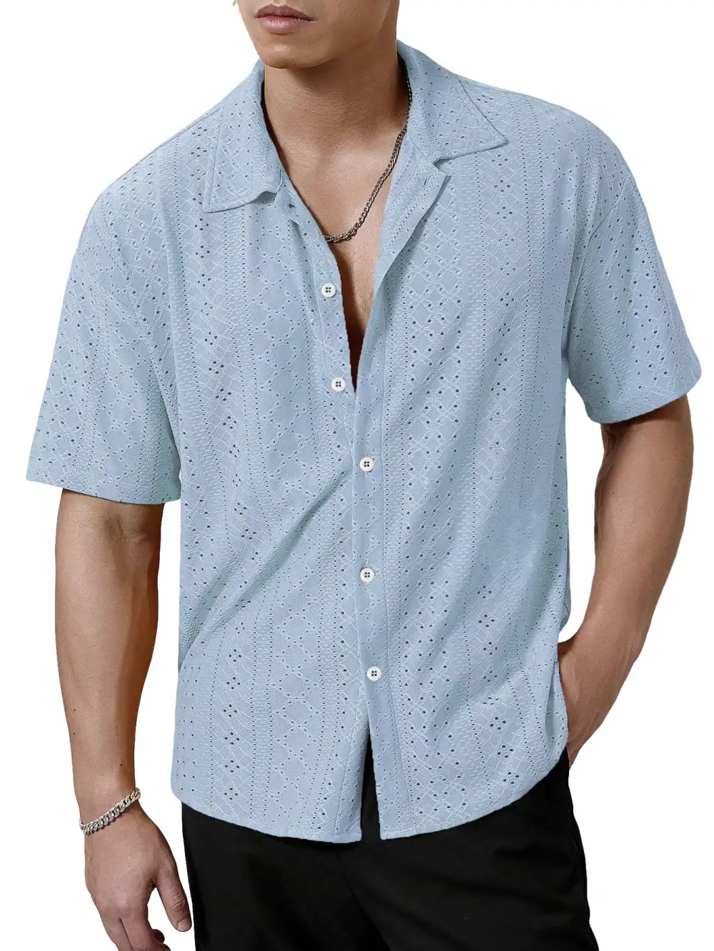 Men's Short-Sleeve Casual Shirt With Openwork Embroidery Lapel Collar And Relaxed Fit