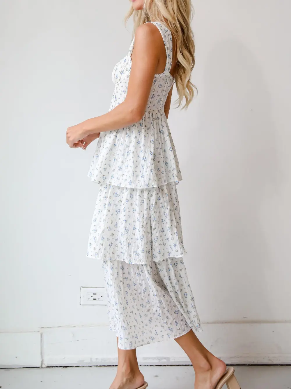 Ivory Floral Tiered Midi Dress