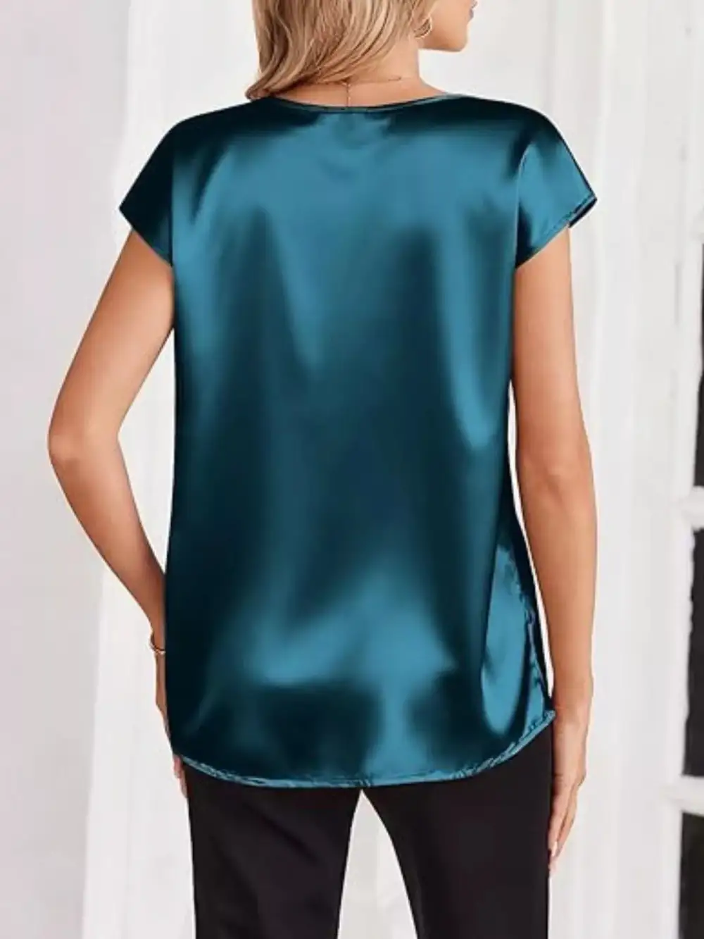 Satin V-Neck Short Sleeve Blouse