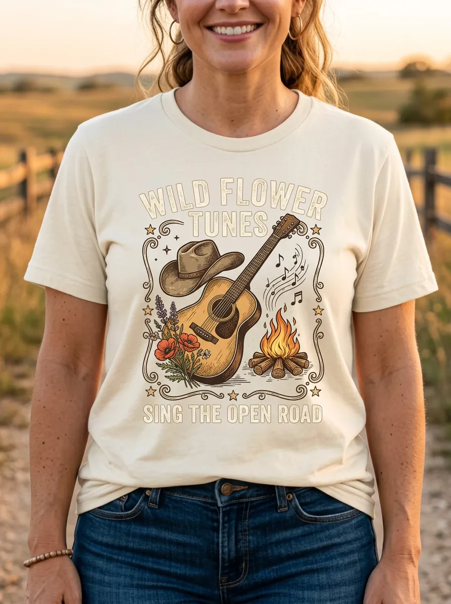 Guitar Cowboy-Hat Campfire Women's Country Music Crew-Neck T-Shirt