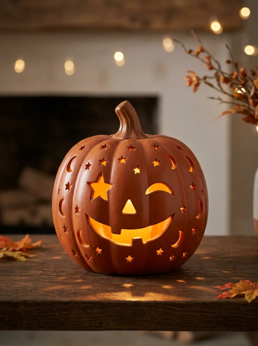 Star-Moon Ceramic-Look Halloween Pumpkin Light