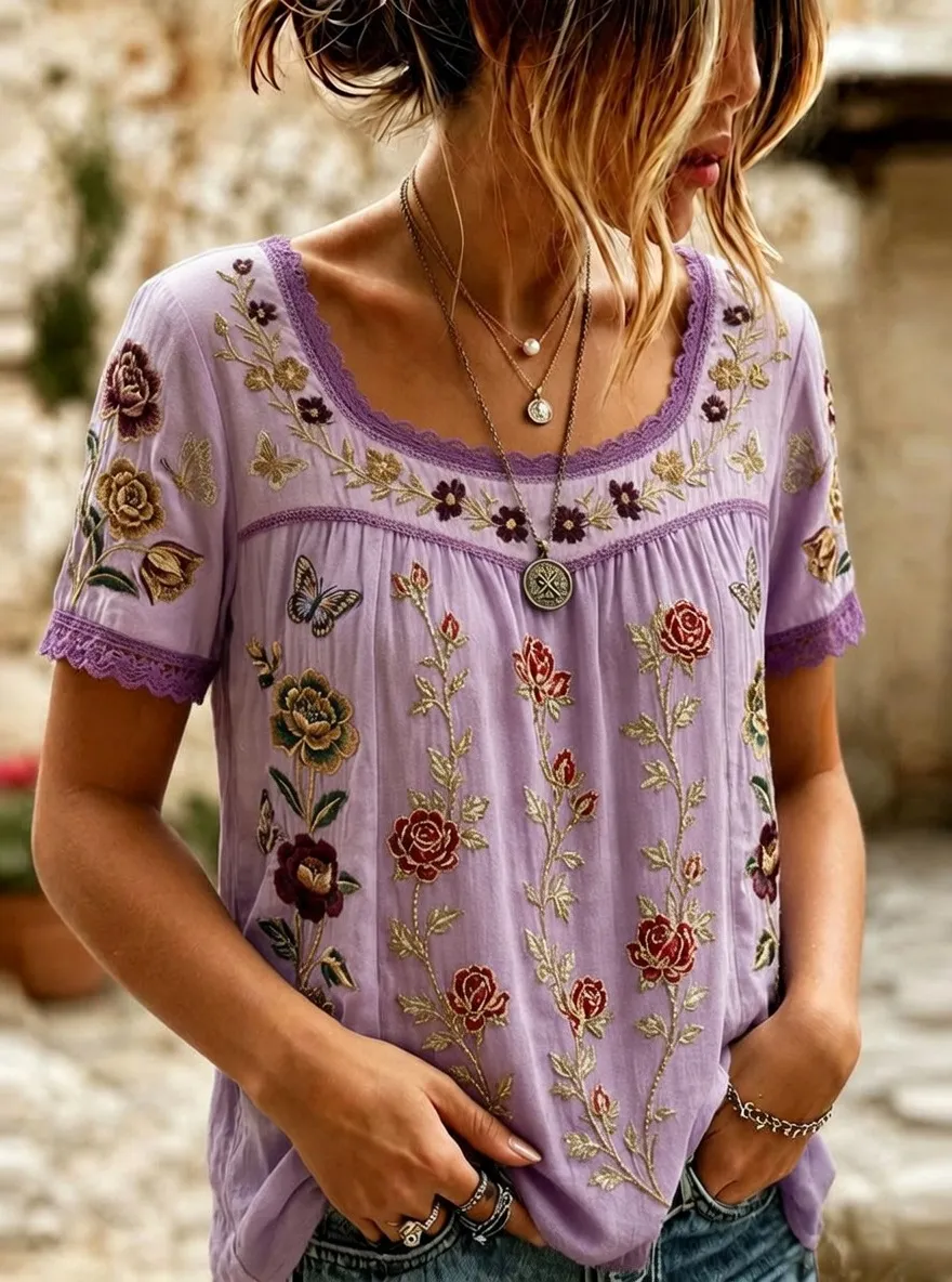 Women's Floral Butterfly Bohemian Embroidered Short Sleeve T-shirt