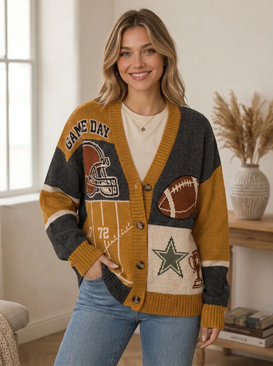 Women's Sport Inspired Gridiron Helmet Star Ball Knit Cardigan