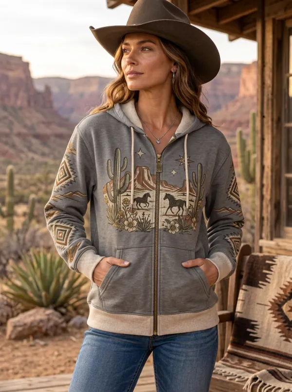 Women's Western Olive Graphic Print Zip-Up Hoodie
