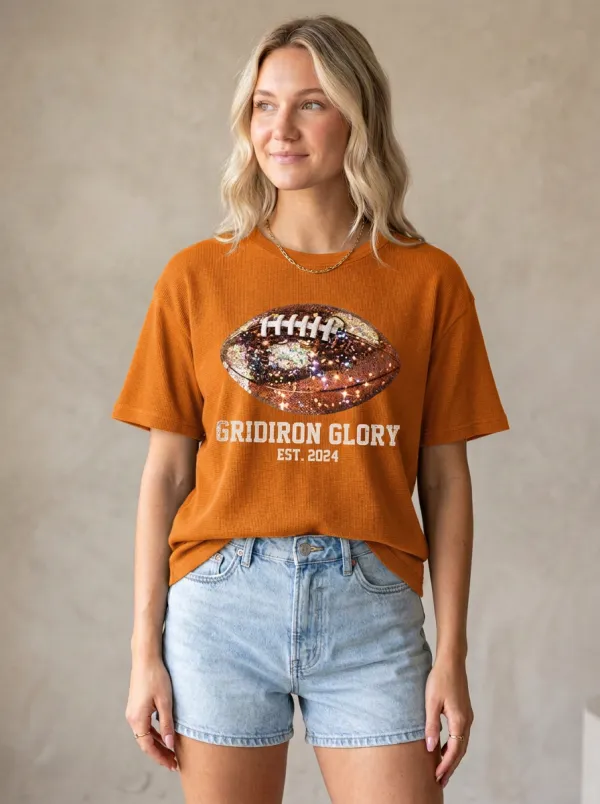 Women's Football Lover Gridiron Glory Glitter Ball Printed T-shirt