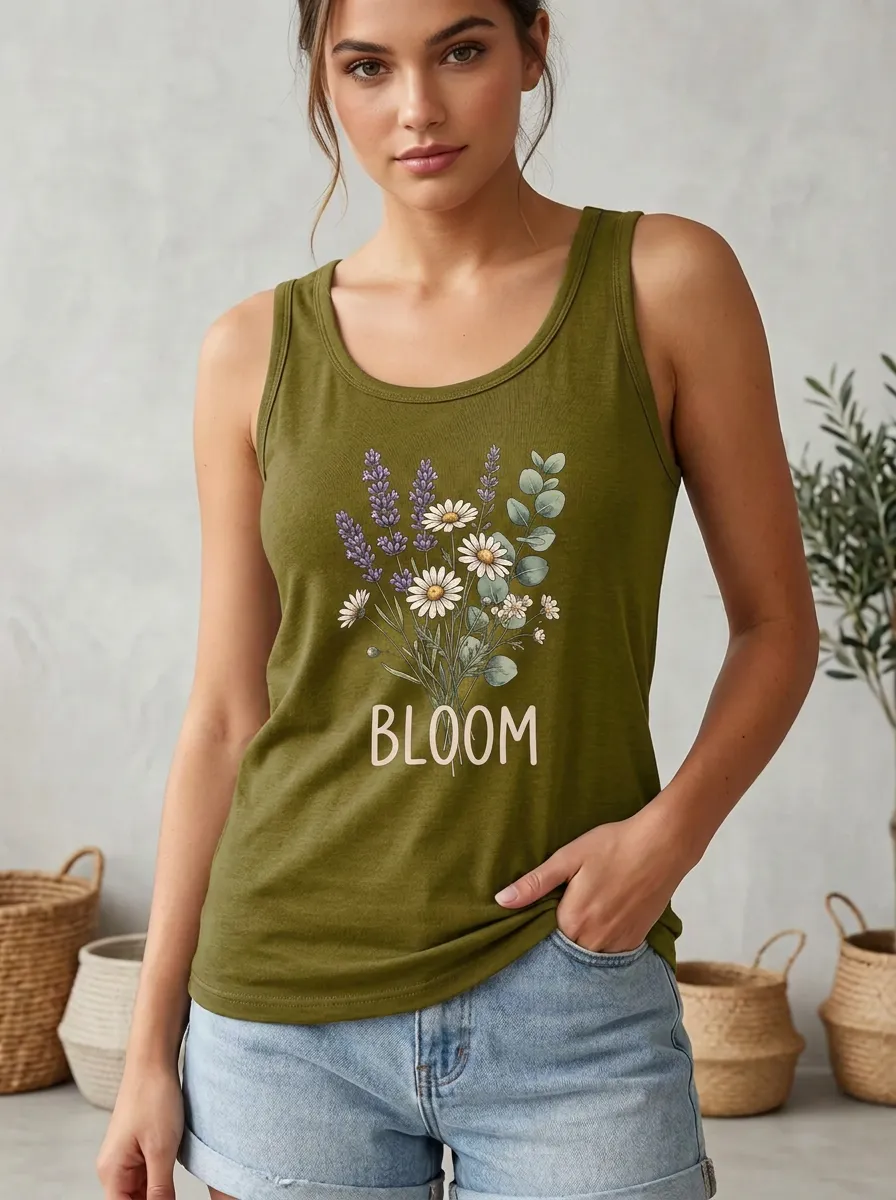 Floral Bloom Lavender Daisy Ribbed Tank Top
