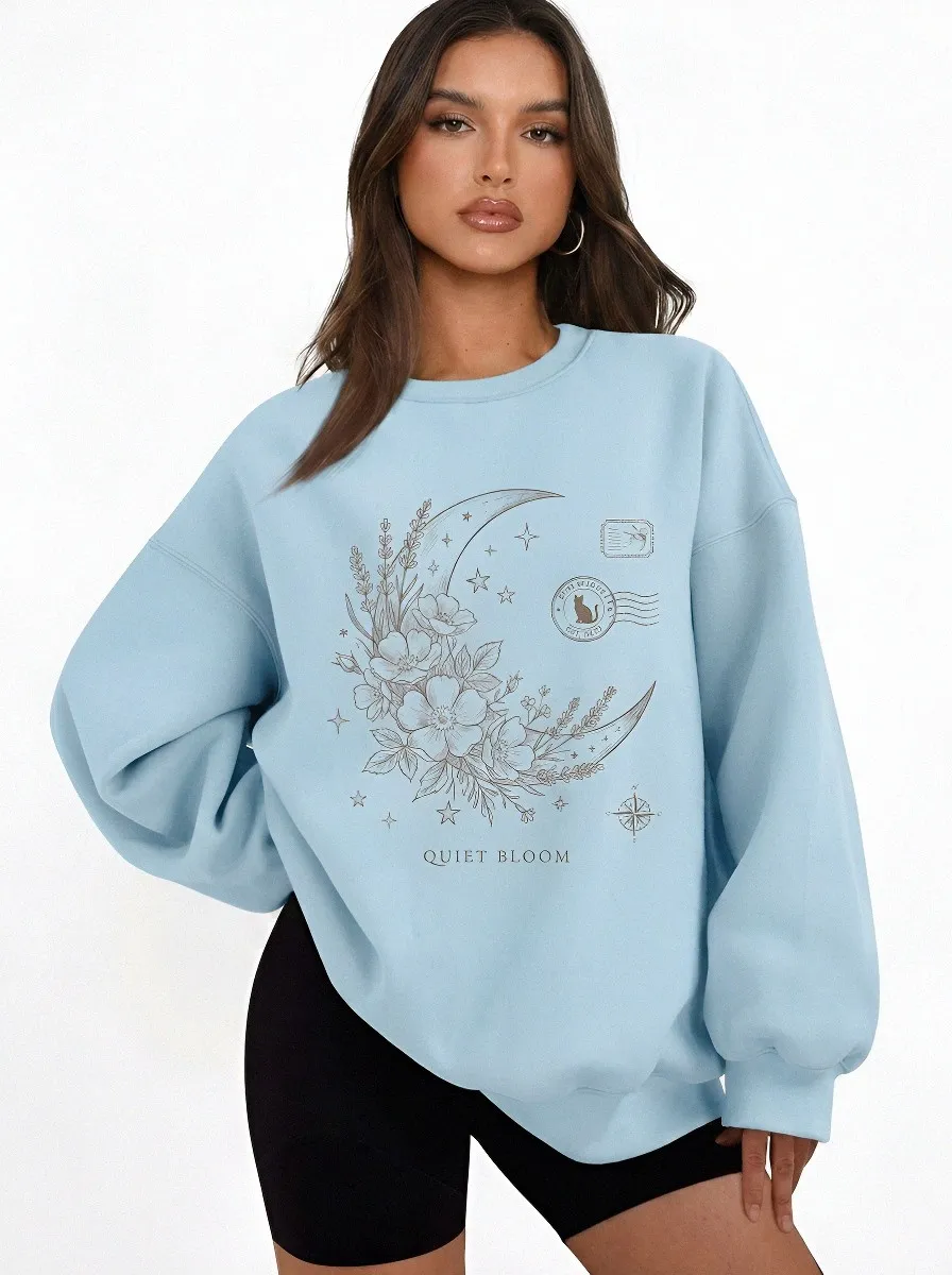 Women's Celestial Floral Moon Cat Printed Sweatshirt