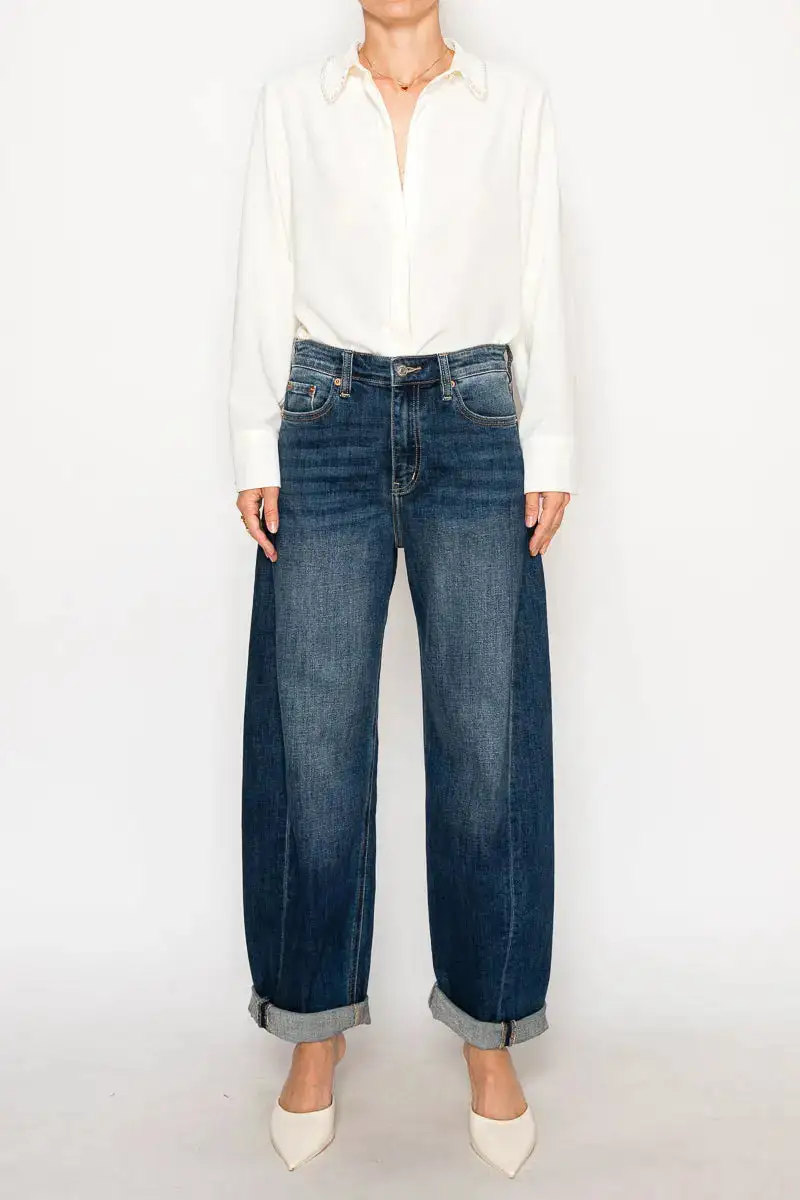 Barrel Leg Ankle Length Cuffed Distressed Denim Jeans