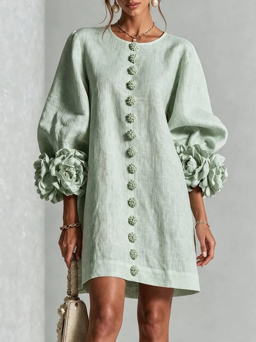 Printed 3D Floral Button-Front Mini Dress