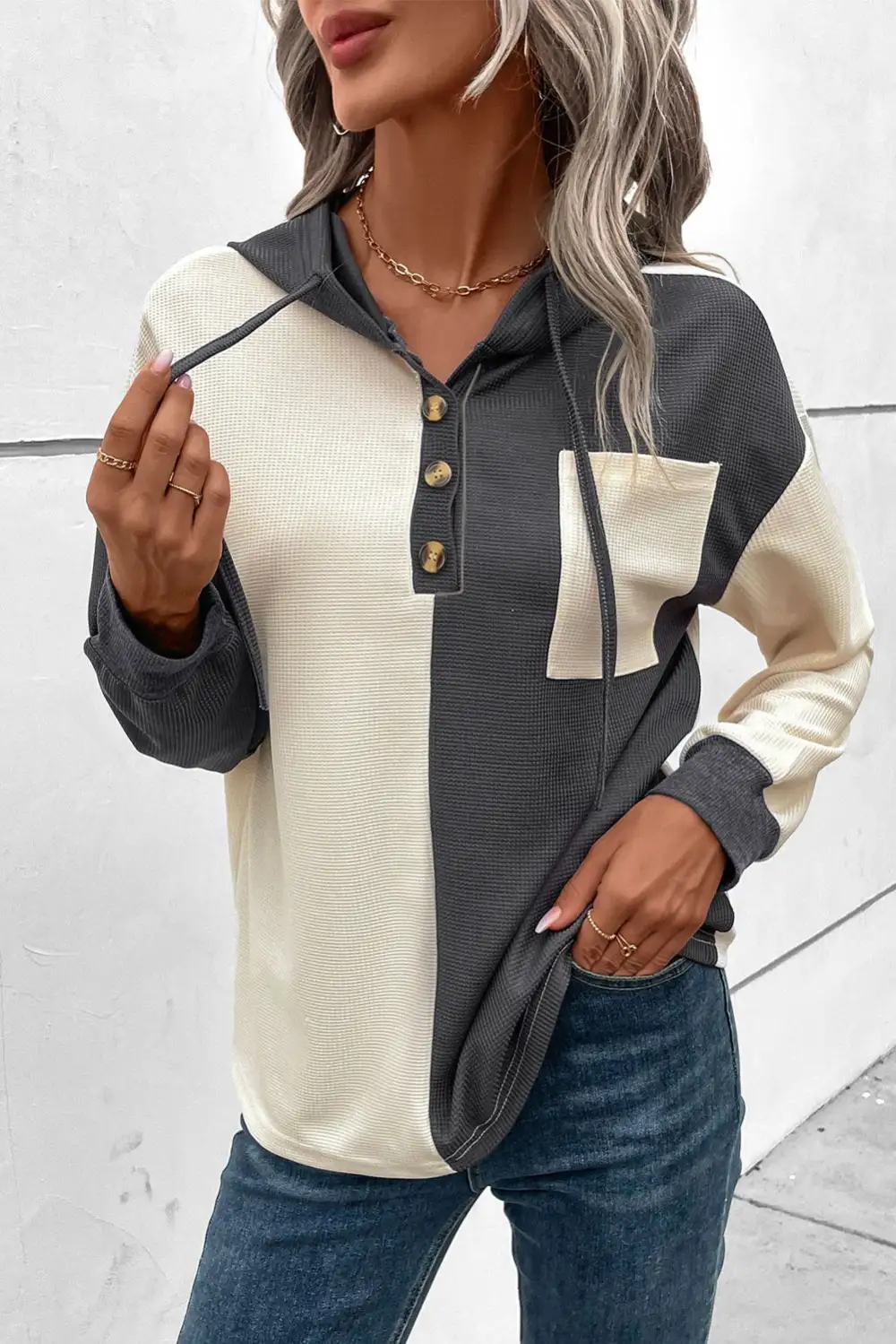 Drawstring Buttoned Drop-Shoulder Waffle-Textured Hoodie