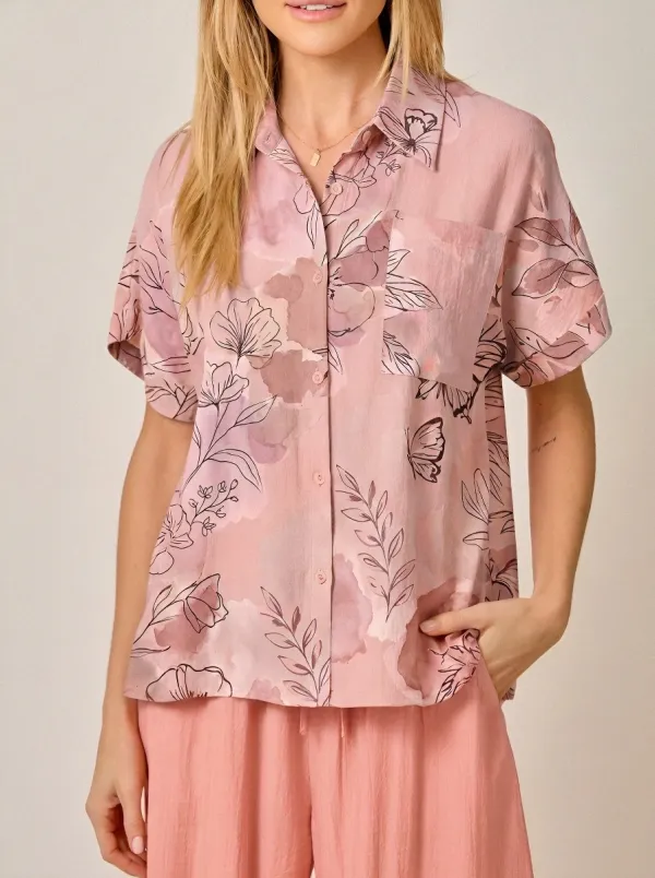 Women's Floral Butterfly Watercolor Printed Button Down Shirt