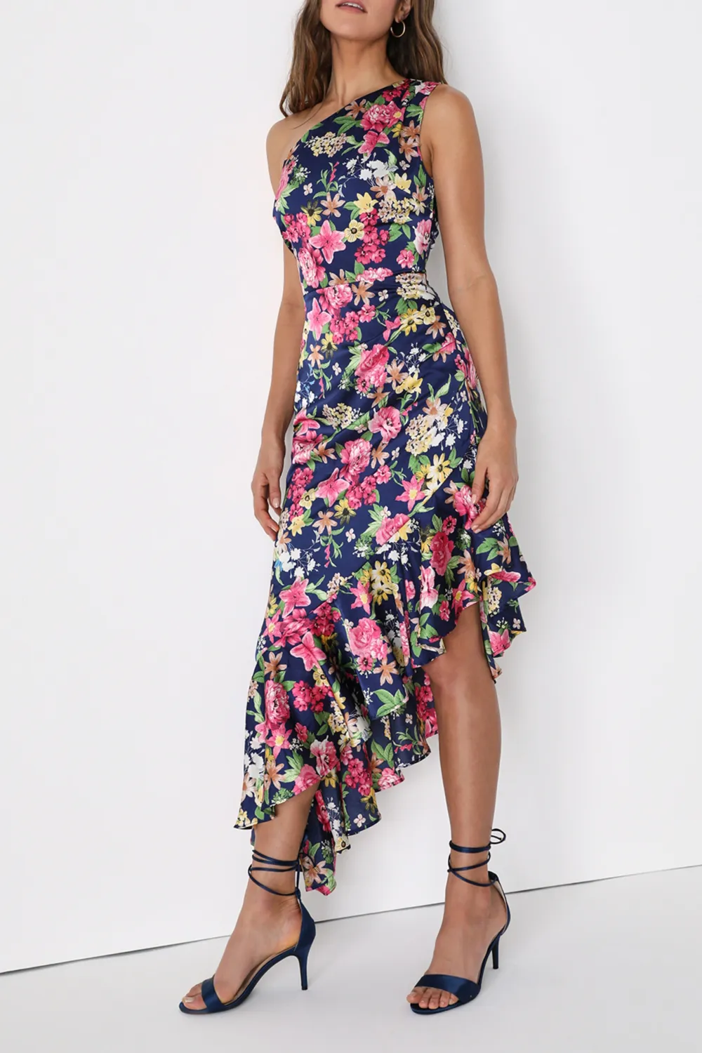 Casual Style Multi Floral One-Shoulder Midi Dress