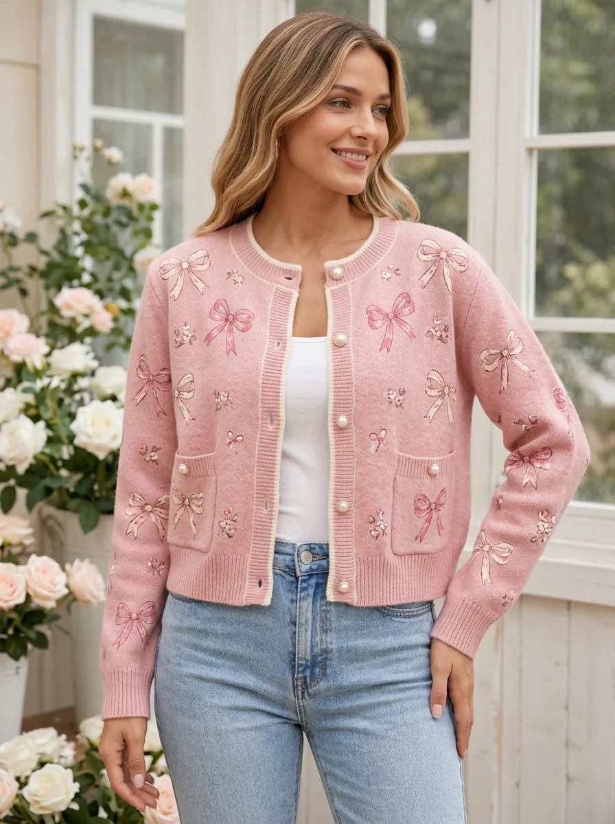 Women's Vintage Inspired Floral Coquette Ribbon Bow Printed Cardigan