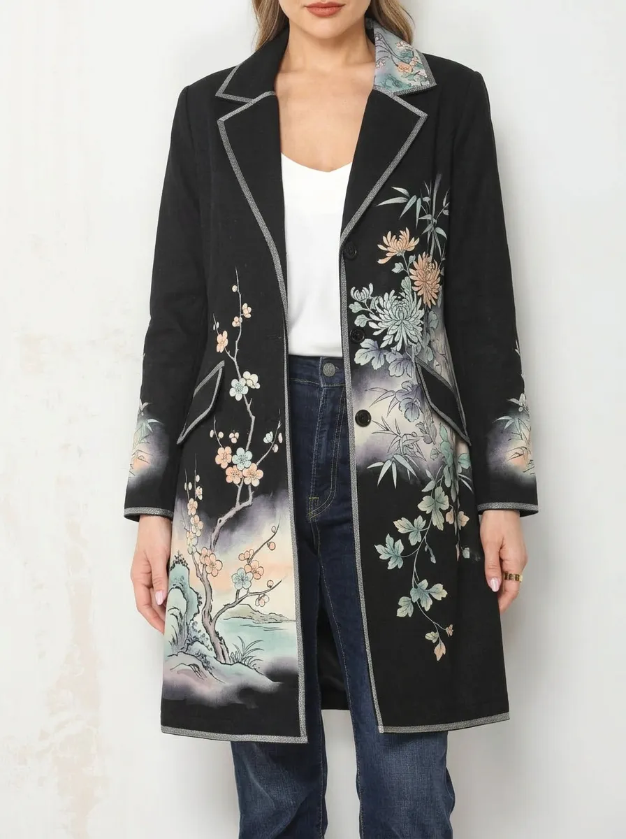 Women's Oriental Floral Landscape Printed Long Blazer Coat