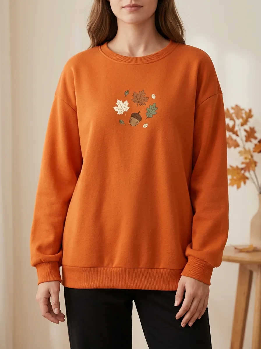 Printed Acorn Maple-Leaf Graphic Sweatshirt
