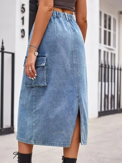 Relaxed Slit Buttoned Denim Pockets Skirt