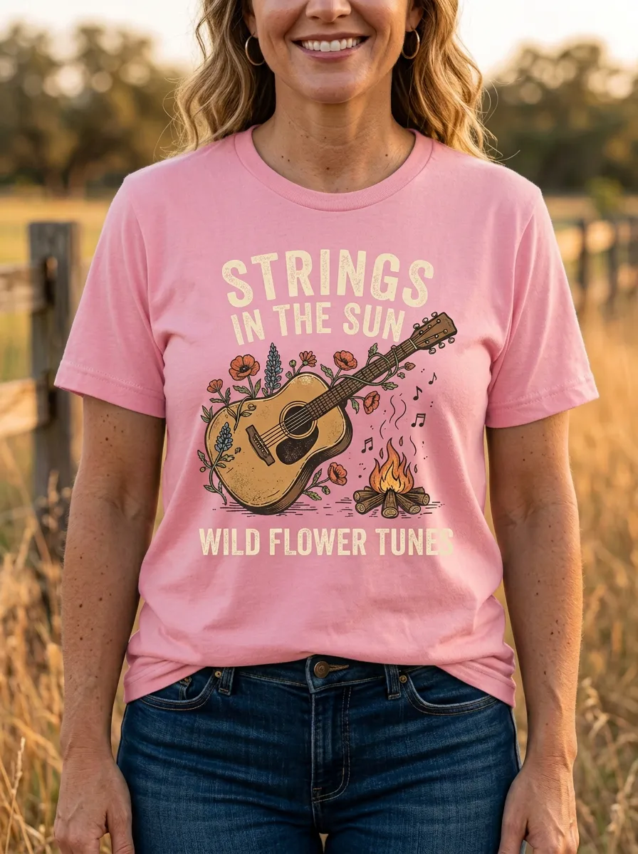 Guitar Campfire Wildflower Women's Country Music Casual T-Shirt