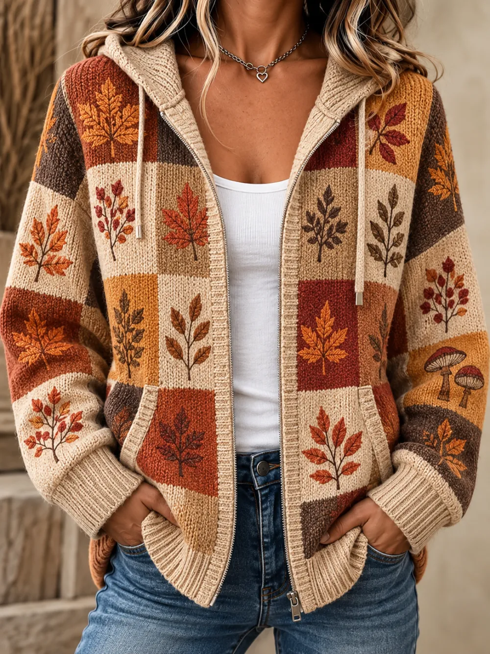 Women'S Autumn Maple Leaf Casual Knitted Hooded Sweatshirt