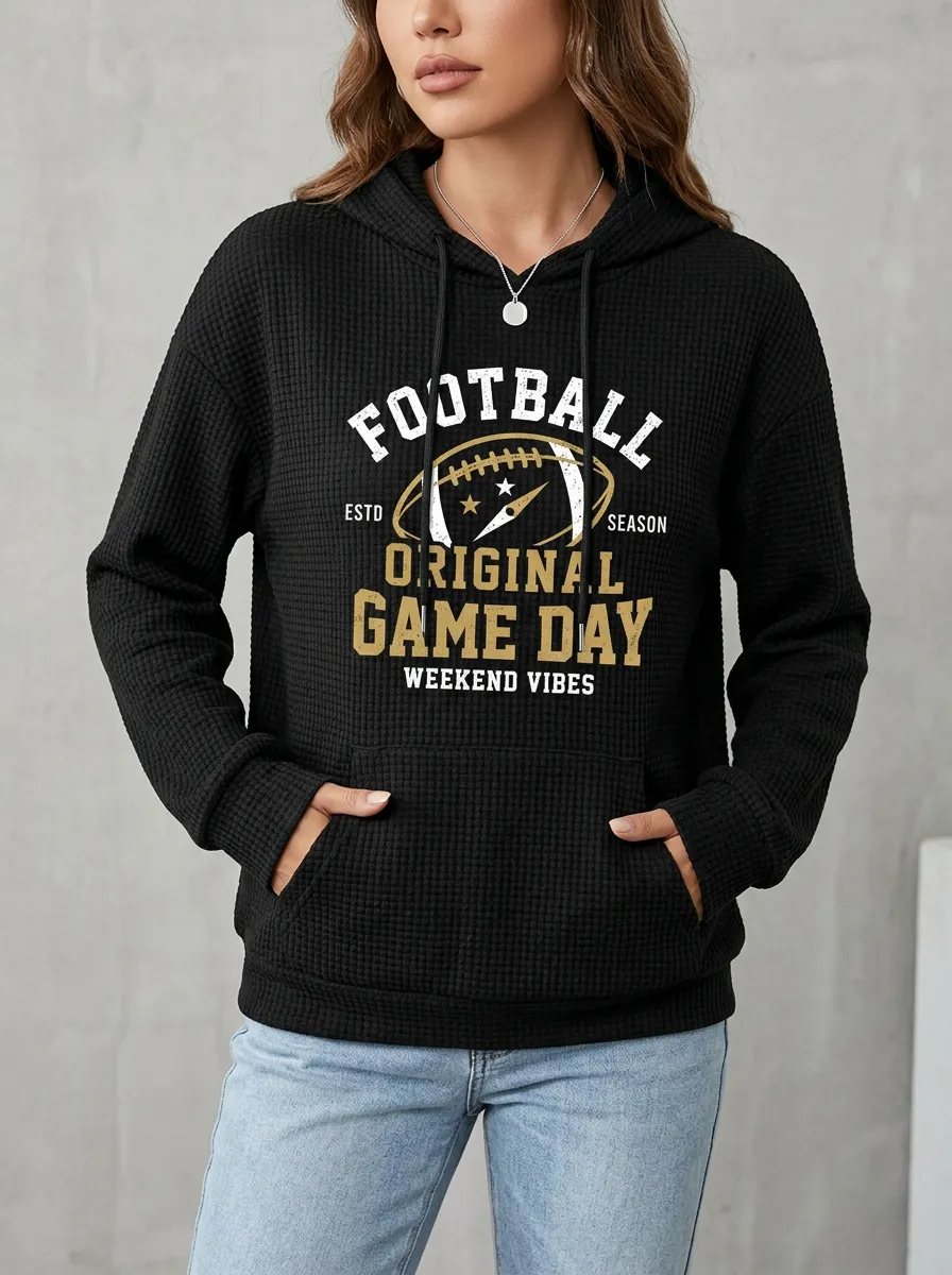 Women's Football Lover Game Day Graphic Printed Waffle Hoodie