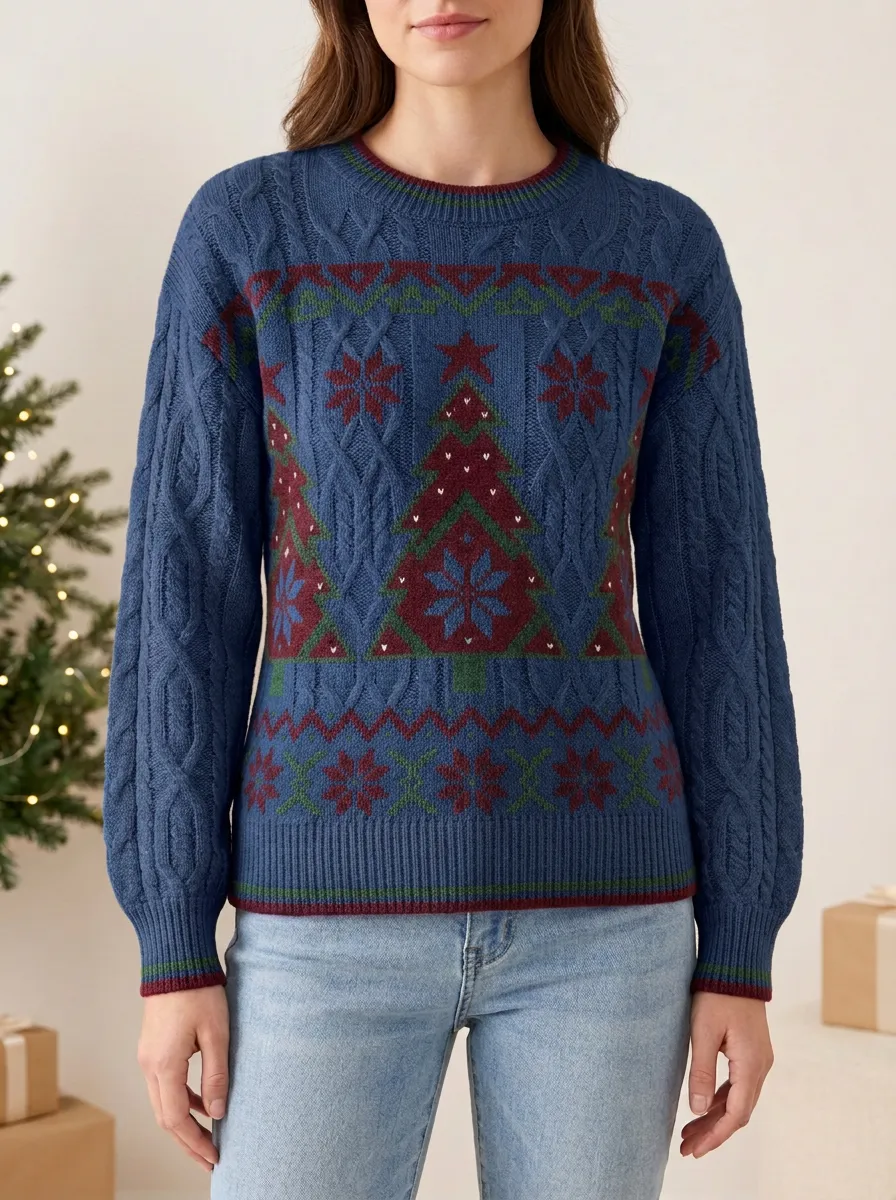 Winter Christmas Holiday Tree Snowflake Pattern Knitted Sweater