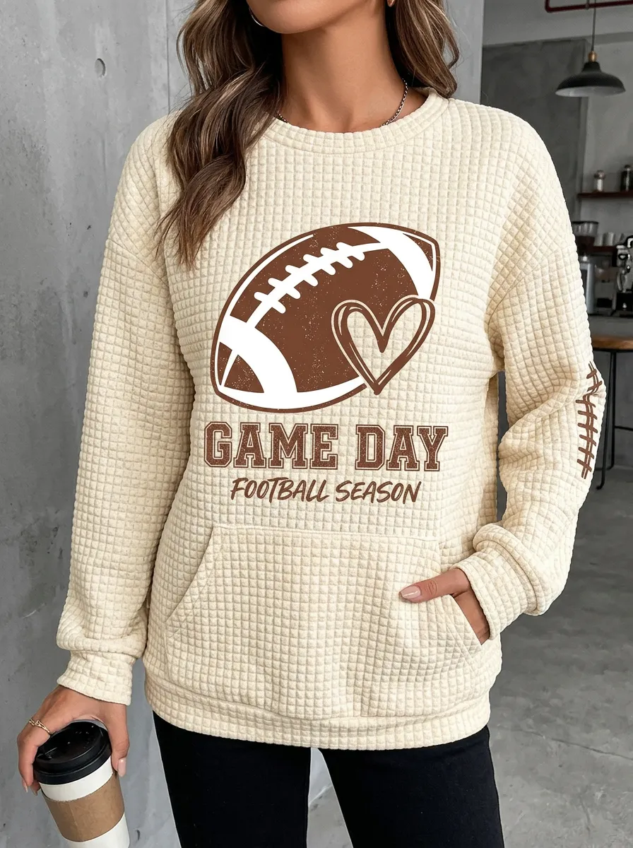 Women's Football Game Day Heart Printed Waffle Knit Sweatshirt