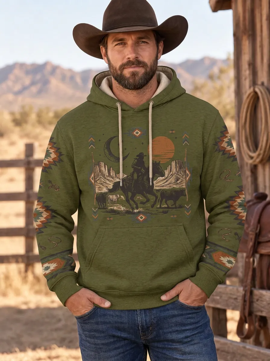 Men's Western Cowboy Horse Desert Cattle Graphic Hoodie