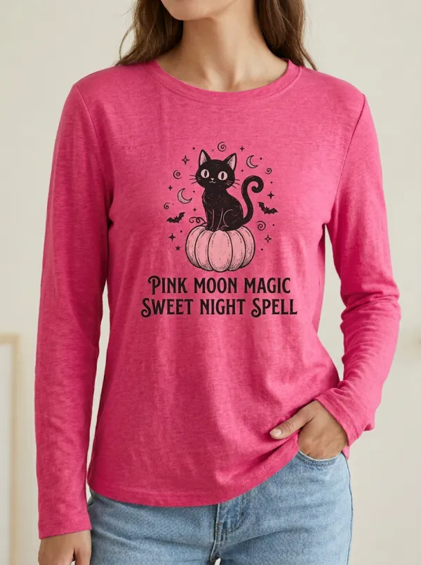 Witchy Pumpkin -Cat Halloween Cotton Linen Long Sleeve Top