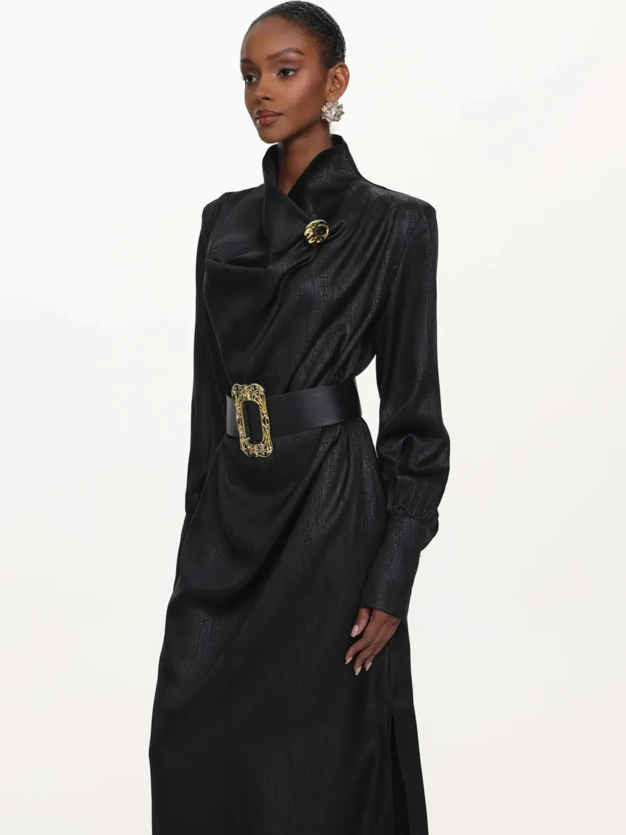 Azariah Cowl Neck Long Sleeve Belted Maxi Dress