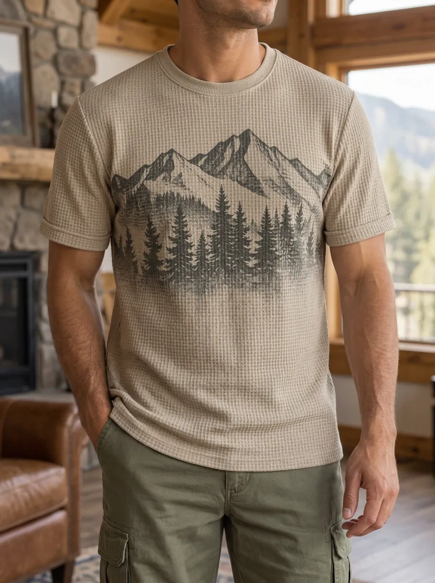 Men's Outdoor Nature Lover Mountain Forest Waffle Refined Crew Neck T-Shirt
