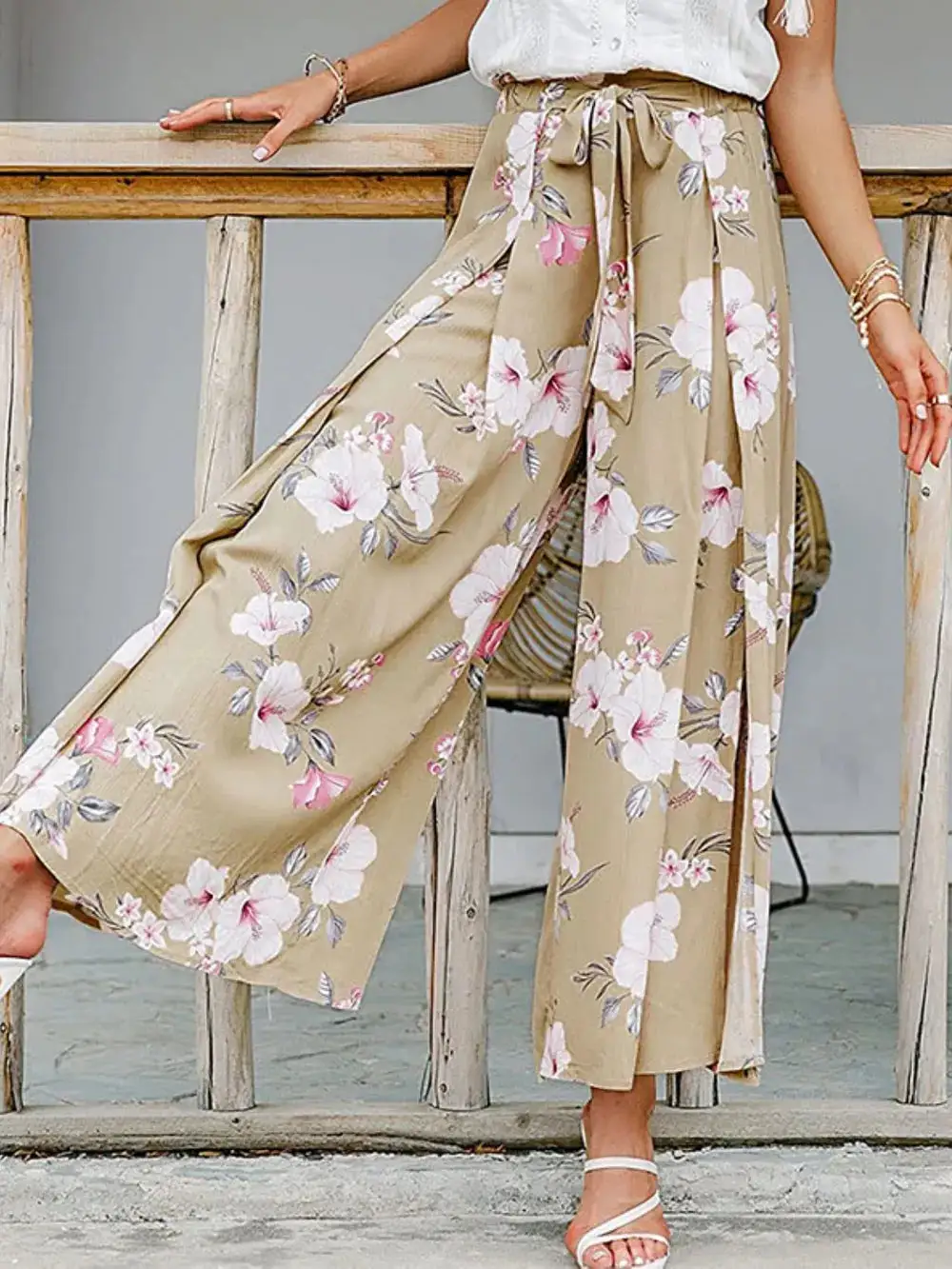 Wide Leg Tie Waist Floral Slit Detail Pants