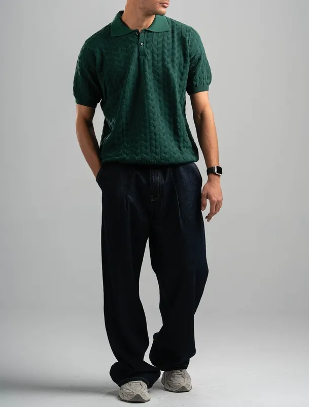 Dark Green Textured Knit Polo Shirt