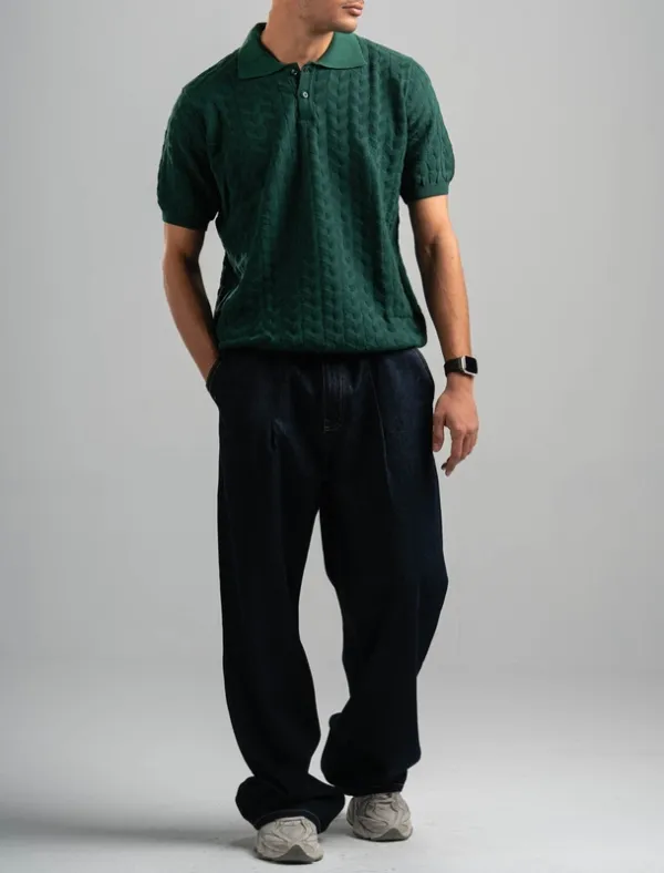 Dark Green Textured Knit Polo Shirt