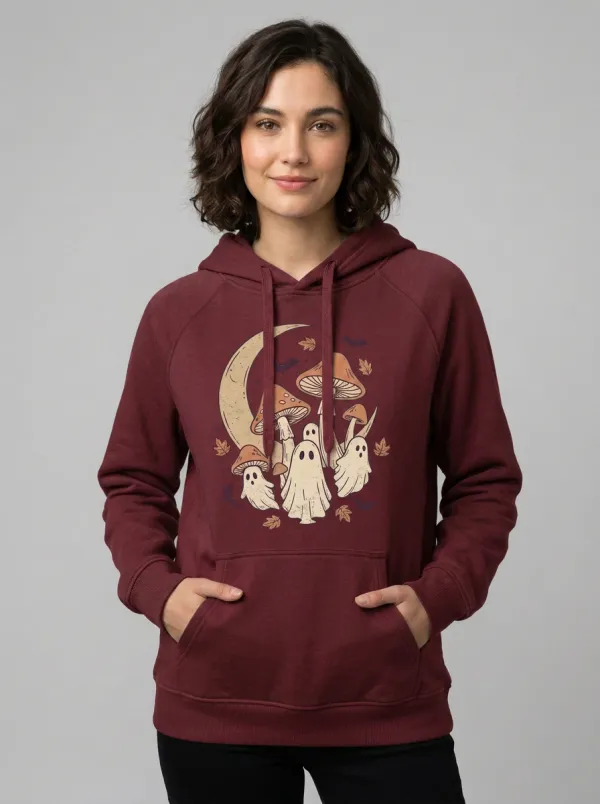 Women's Halloween Mushroom Ghost Moon Printed Hoodie