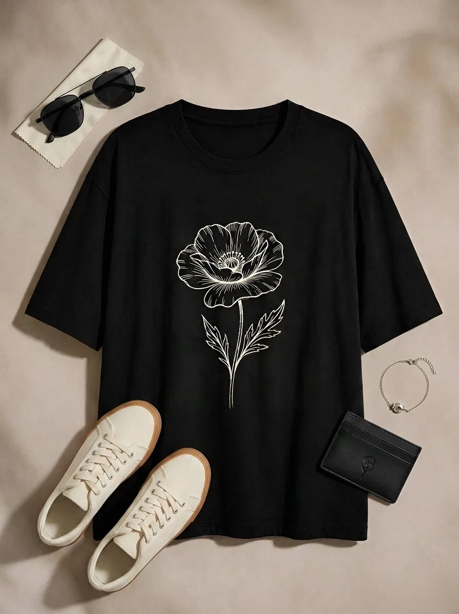 Unisex Botanical Nature Lover Poppy Flower Printed T-shirt