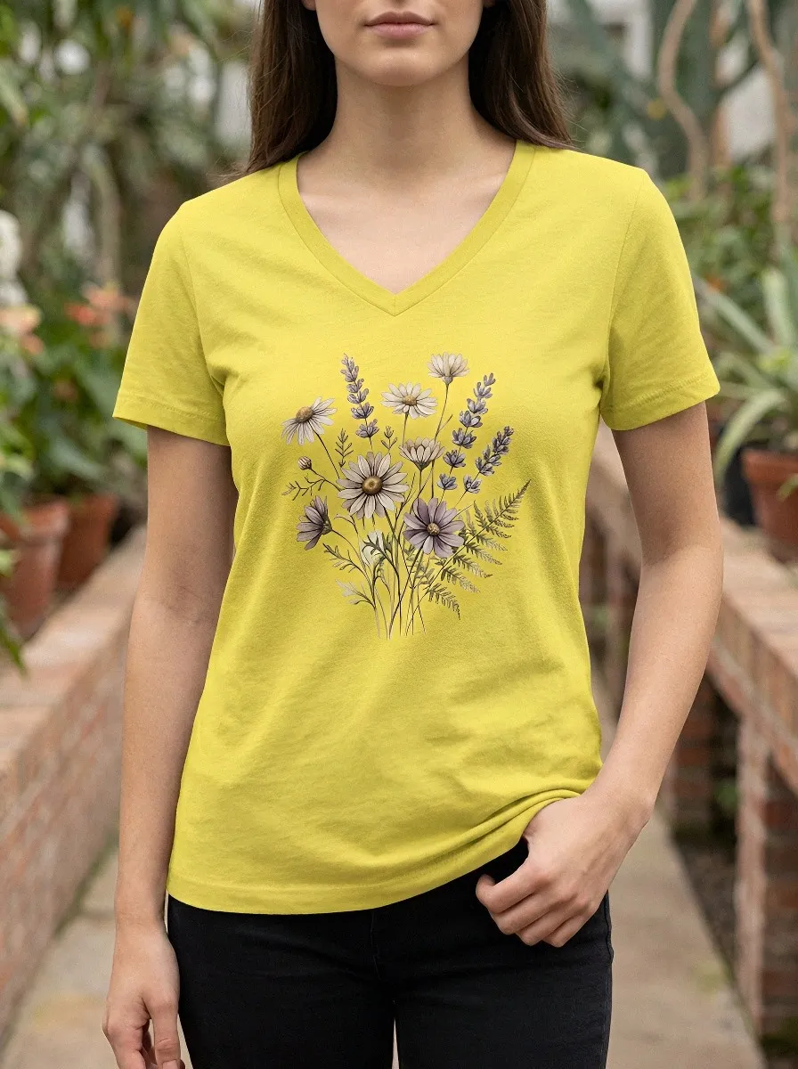 Women's Botanical Nature Lover Wildflower Lavender Printed V-Neck T-Shirt