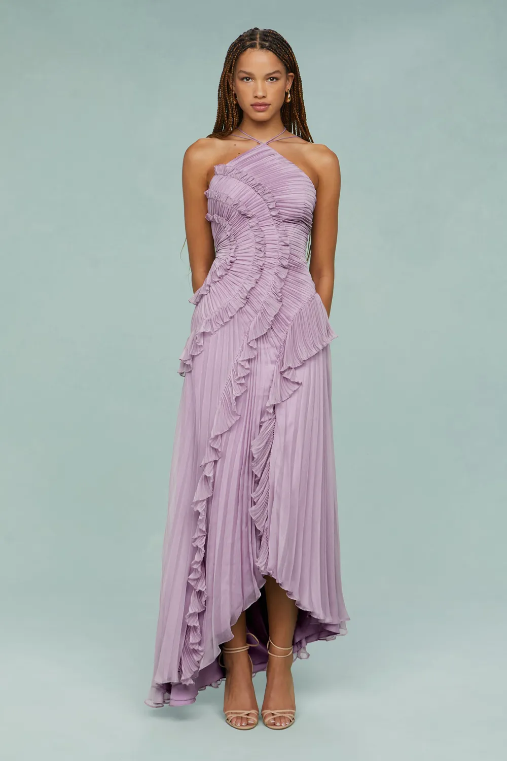 Pleated Frill Halter Neck Midi Dress