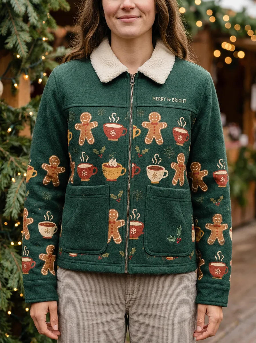 Christmas Gingerbread Man Coffee Print Fleece Jacket