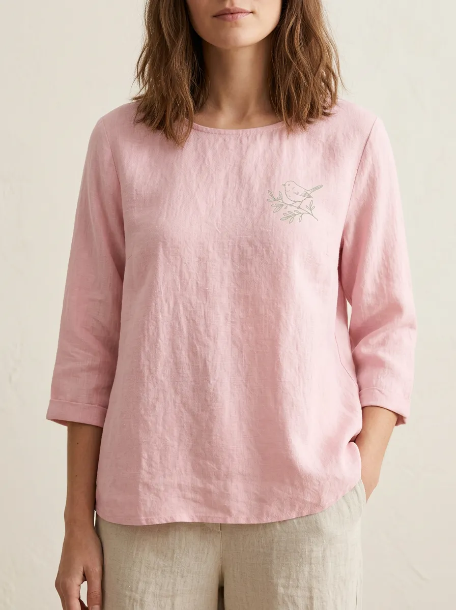 Women's Nature Lover Bird on Branch Printed Pink Cotton And Linen Top