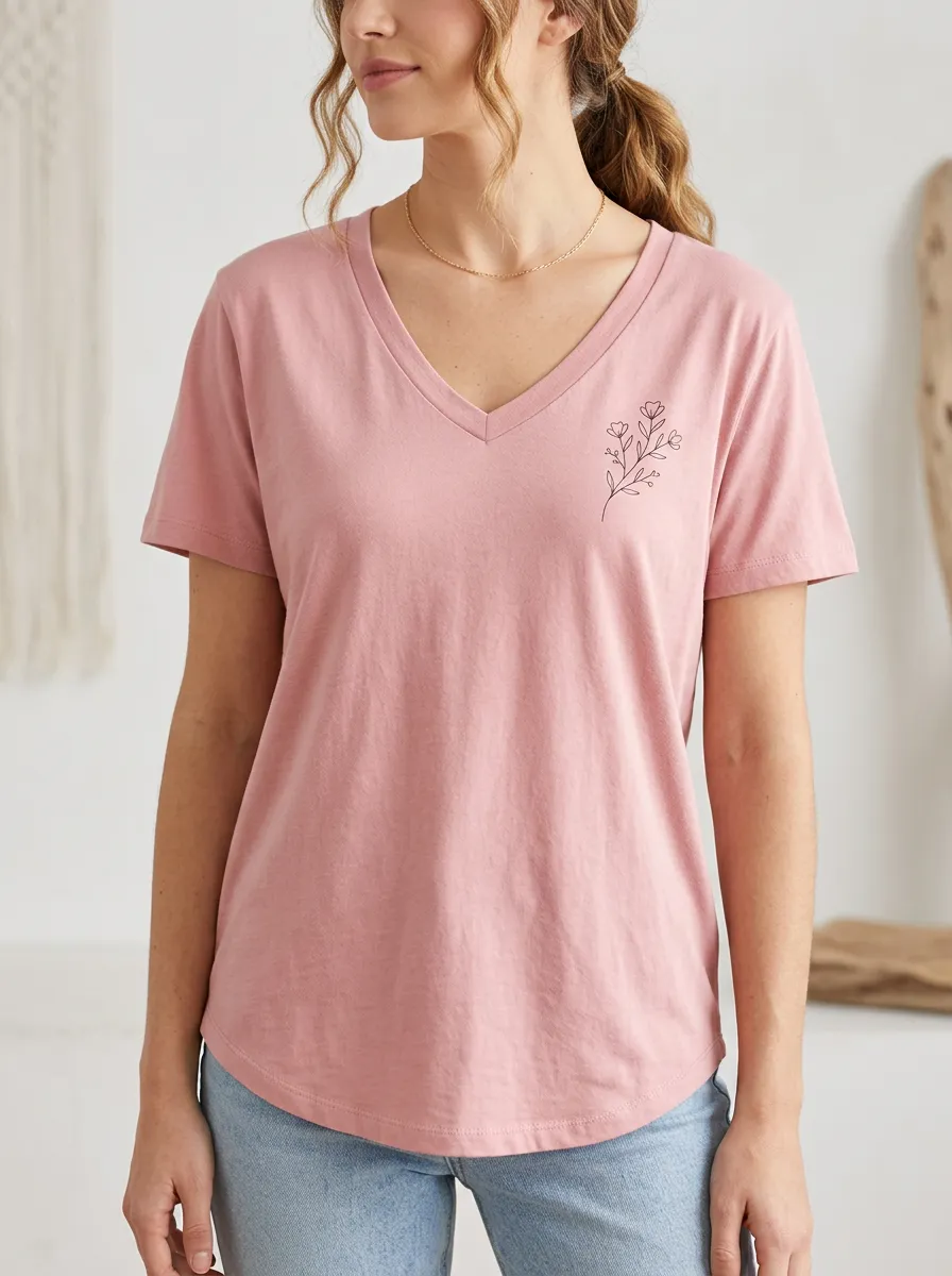 Women's Minimalist Floral Botanical Line Art Printed V-Neck T-Shirt